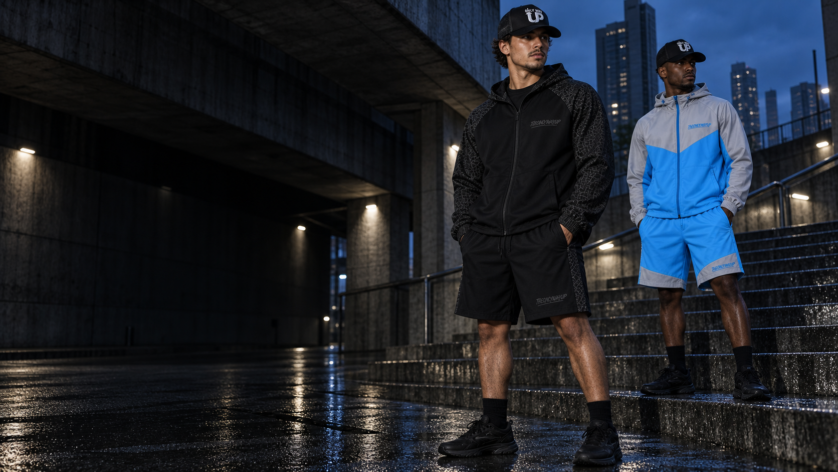 AI streetwear campaign with two models wearing Only Way Up black and blue outfits on city steps